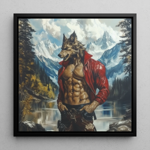 Wolfgang - Gay Wolf Art Framed Canvas, 12x12’’ / 31x31cm / Black Floating Frame, Framed Werewolf Painting