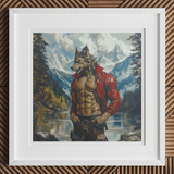 Wolfgang - Gay Wolf Art Print, 12x12’’ / 31x31cm / White Frame / 2’’ Matboard, Framed Painting Muscular Anthropomorphic Wolf Red Jacket