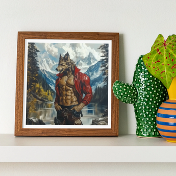 Wolfgang - Gay Wolf Art Print, Framed Artwork Muscular Anthropomorphic Wolf Red Jacket Mountainous