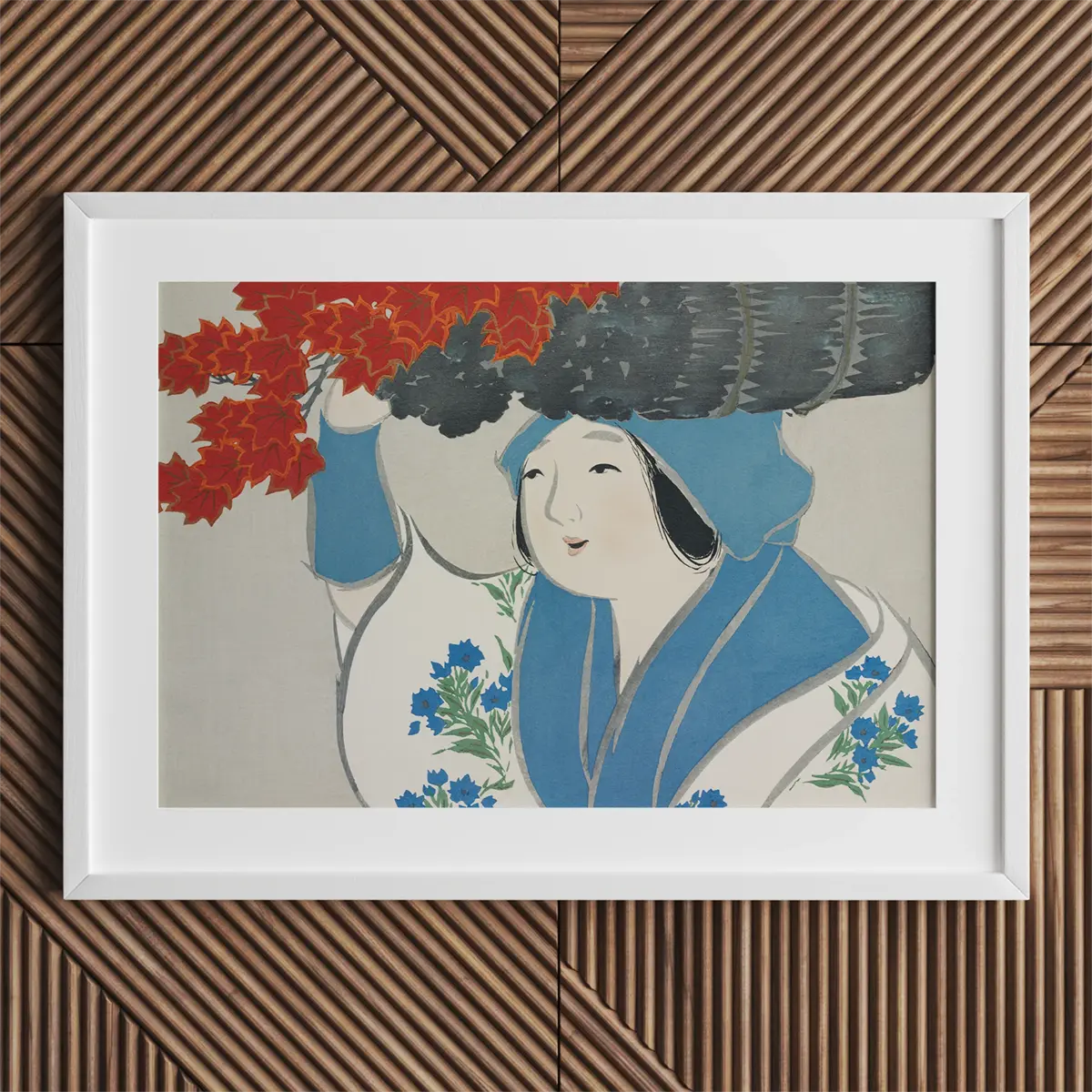 Framed Japanese art print by Kamisaka Sekka depicting Mount Fuji in Rinpa School style