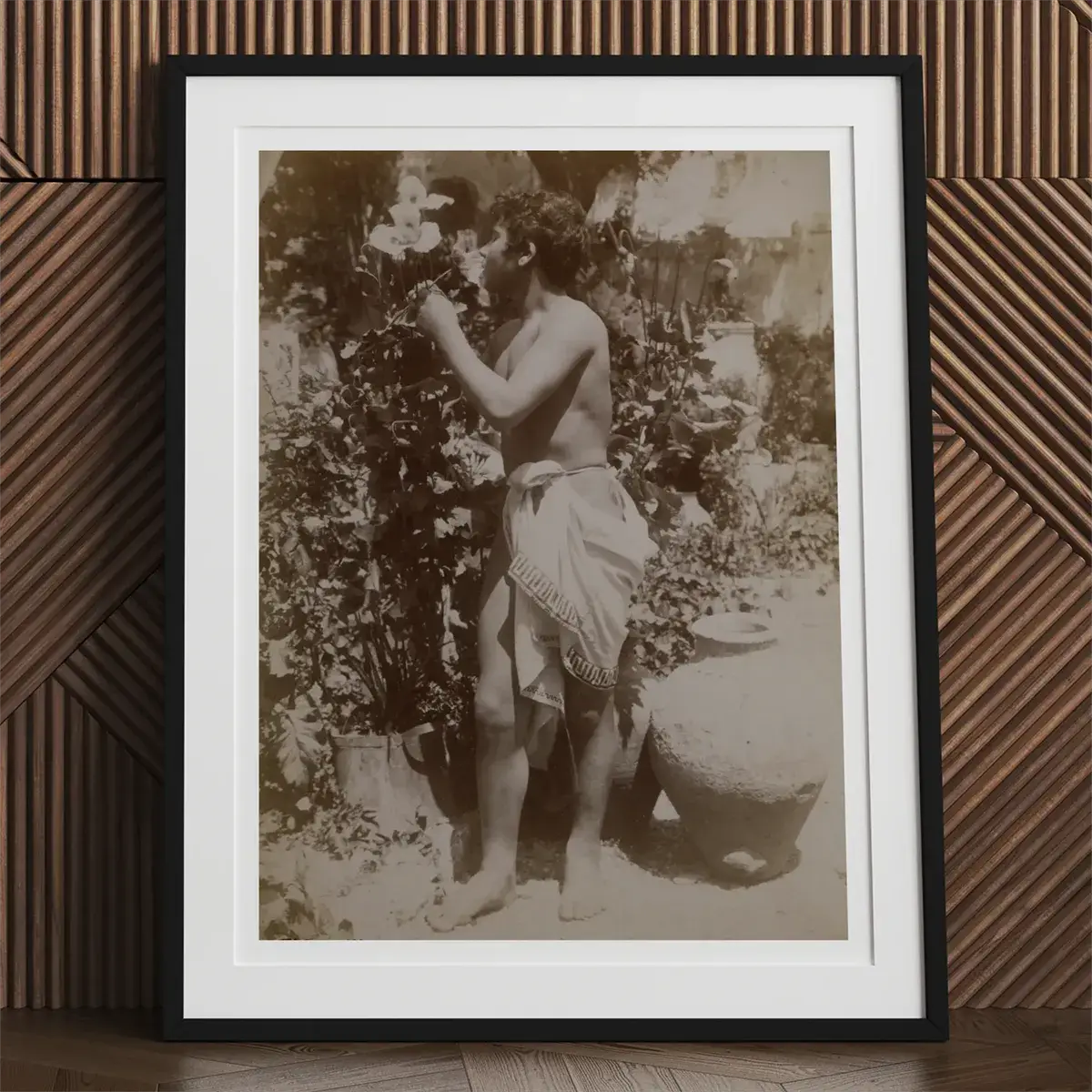 Framed vintage photograph of Wilhelm von Gloeden depicting young men in a Sicilian garden