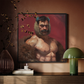 Zaddy Bear - Gay Muscle Daddy Framed Canvas, Framed Painting Muscular Man Bear Pelt