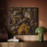 Zonked - Lowbrow Queer Black Punk Framed Canvas, Framed Artwork Man Surrounded Stuffed Animals