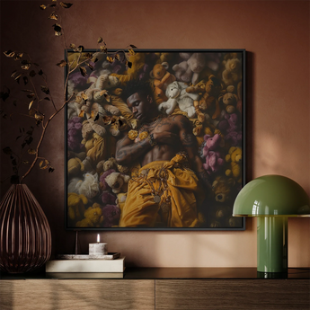 Zonked - Lowbrow Queer Black Punk Framed Canvas, Framed Artwork Man Surrounded Stuffed Animals