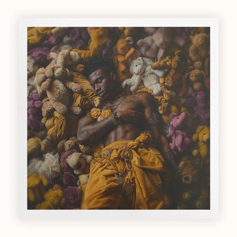 Zonked - Lowbrow Queer Black Punk Art Print, Person Surrounded Colorful Stuffed Animals Plush Toys