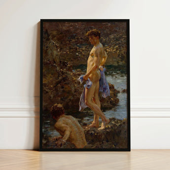 A Bathing Group (1914) - Henry Scott Tuke Art Print / Canvas Black-framed Reproduction Classical Oil Painting Two Nude Figures, Cornwall’s