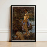 A Bathing Group (1914) - Henry Scott Tuke Art Print / Canvas Black-framed Classical Oil Painting Two Nude, Cornwall’s Tidal Pools, Hold,