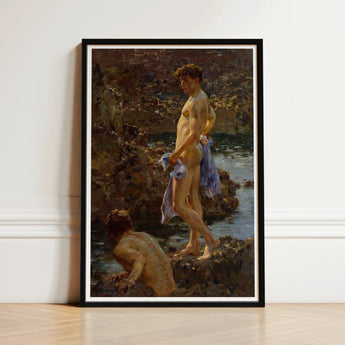 A Bathing Group (1914) - Henry Scott Tuke Art Print / Canvas Black-framed Classical Oil Painting Two Nude, Cornwall’s Tidal Pools, Hold,