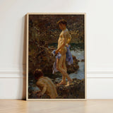 A Bathing Group (1914) - Henry Scott Tuke Art Print / Canvas Framed Classical Painting Two Nude Figures Rocky Shoreline, Cornwall’s Tidal