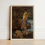 A Bathing Group (1914) - Henry Scott Tuke Art Print / Canvas Framed Classical Oil Painting Two Nude Figures Rocky, Cornwall’s Tidal Pools,