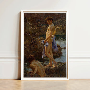 A Bathing Group (1914) - Henry Scott Tuke Art Print / Canvas White-framed Classical Oil Painting Two Nude, Cornwall’s Tidal Pools, Hold,