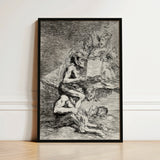 Black-framed Artwork Detailed Demonic Figures Dark Monochromatic Tones Goya’s Acid Etching, Skewers, Naked Witch Carried