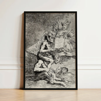Black-framed Artwork Detailed Demonic Figures Dark Monochromatic Tones Goya’s Acid Etching, Skewers, Naked Witch Carried