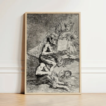 Framed Black-and-white Dramatic Scene Figures Torment Enclosed Light Goya’s Acid Etching, Skewers, Naked Witch Carried