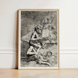 Framed Black-and-white Dramatic Scene Figures Enclosed Light Wood Goya’s Acid Etching, Skewers, Naked Witch Carried