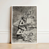 Framed Black-and-white Dramatic Scene Figures Torment Enclosed Simple Goya’s Acid Etching, Skewers, Naked Witch Carried