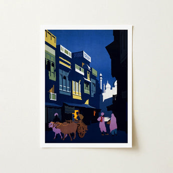 A Street by Moonlight - Visit India 1920s Art Print / Canvas Framed Stylized Nighttime Scene Buildings, Indian Evening Exhales, Cobalt Moon
