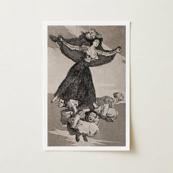 A Young Woman Flying in the Air with Butterfly on Her Head - Francisco De Goya Art Print / Canvas Framed Black-and-white Illustration