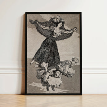 Black-framed Artwork Detailed Line Woman Ornate Dress Outstretched Goya’s Vision Glides, Etching Unites Anatomy, Enlightenment Borne Aloft