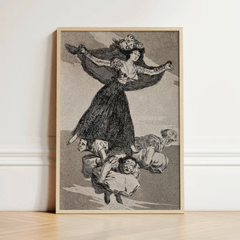 Framed Black-and-white Illustration Woman Ornate Dress Outstretched Arms Goya’s Vision Glides, Etching Unites Anatomy, Enlightenment Borne