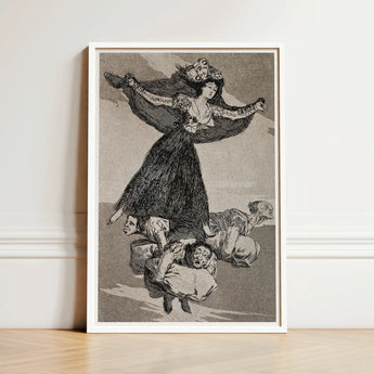 Framed Black-and-white Illustration Woman Ornate Dress Outstretched Arms Goya’s Vision Glides, Etching Unites Anatomy, Enlightenment Borne