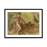 A Nude Male with a Dog in Forest - Julius Paulsen Fine Art Print, Framed Painting Nude Man Staff Wolf