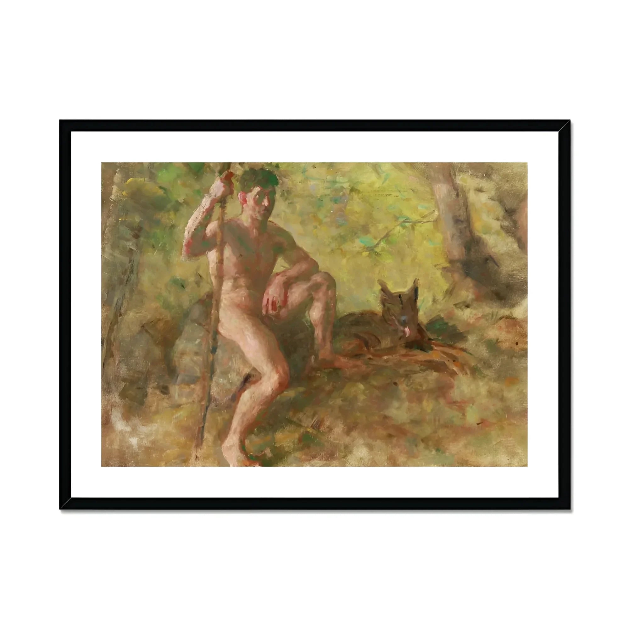 A Nude Male with a Dog in Forest - Julius Paulsen Fine Art Print, Framed Painting Nude Man Staff Wolf
