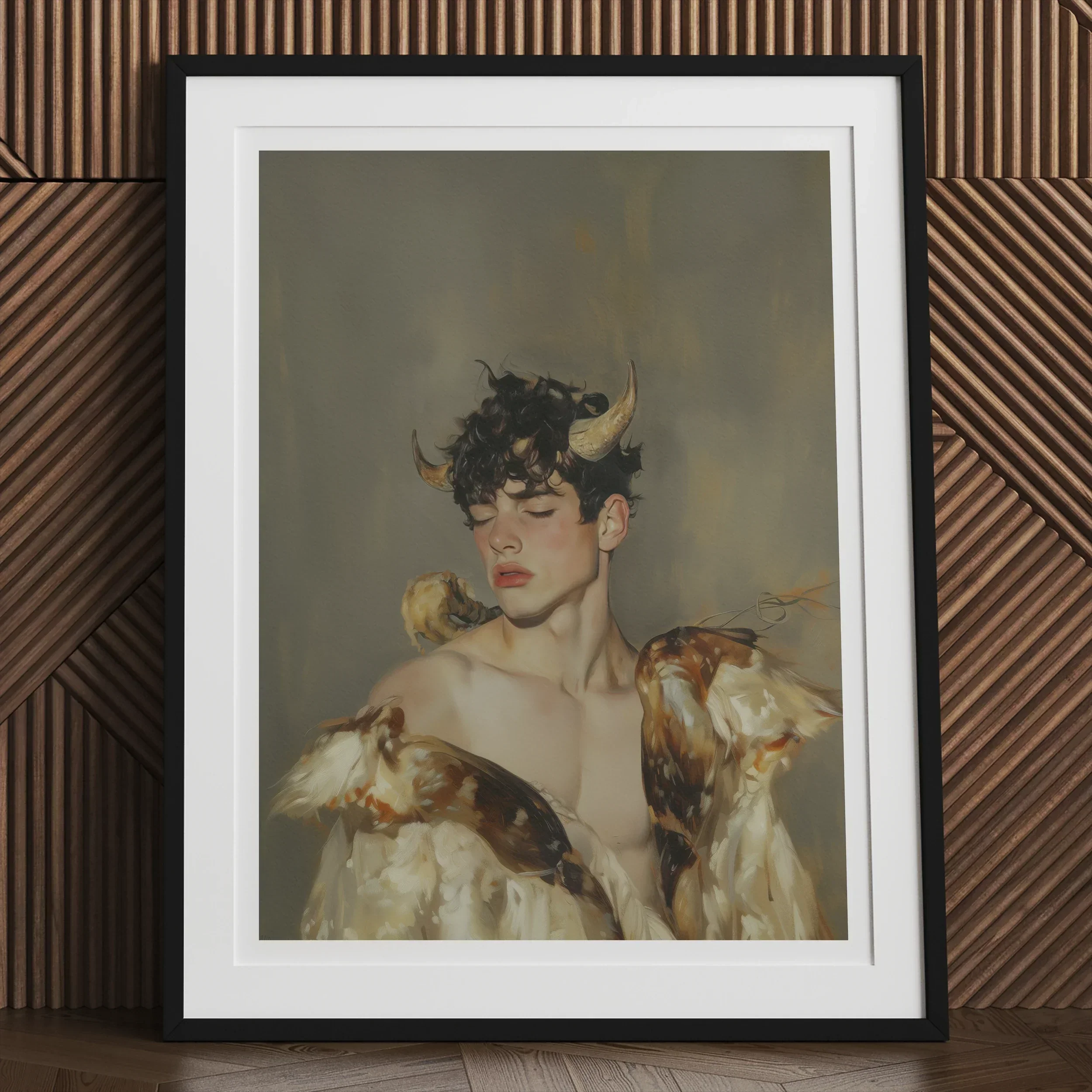Aamon - Grand Marquis of Hell Art Print, 24’’x32’’ / Unframed, Framed Portrait Person Curly Dark Hair Closed Eyes