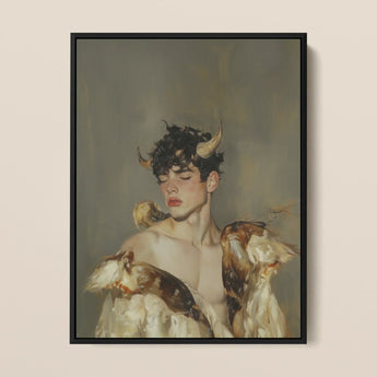 Aamon - Grand Marquis of Hell Art Print / Canvas Black-framed Artwork Young Man Dark Curly Hair Golden Silence, a Lithe Demon, Demon Stands
