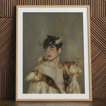 Aamon - Grand Marquis of Hell Art Print / Canvas Framed Artwork Young Man Dark Curly Hair Golden Silence, a Lithe Demon, Demon Stands