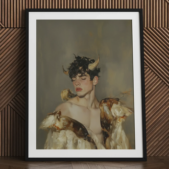 Aamon - Grand Marquis of Hell Art Print / Canvas Framed Portrait Young Man Dark Curly Hair Golden Silence, a Lithe Demon, Demon Stands