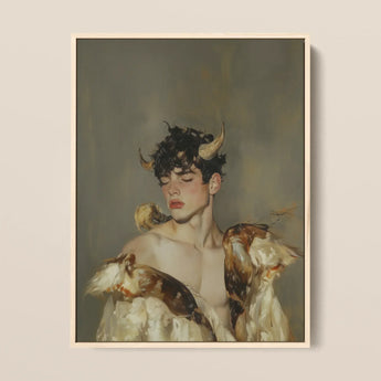 Aamon - Grand Marquis of Hell Framed Canvas, 12x16’’ / 31x41cm / Natural Floating Frame, Framed Painting Horned Man Animals