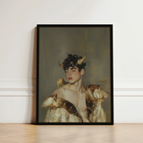 Black-framed Portrait Young Man Dark Curly Hair Horns Silence, a Lithe Demon, Stands Bathed, Curling Delicately