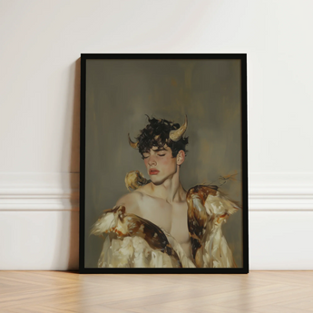 Black-framed Portrait Young Man Dark Curly Hair Horns Silence, a Lithe Demon, Stands Bathed, Curling Delicately