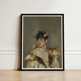 Framed Portrait Young Man Dark Curly Hair Golden Silence, a Lithe Demon, Stands Bathed, Horns Curling Delicately