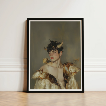 Framed Portrait Young Man Dark Curly Hair Golden Silence, a Lithe Demon, Stands Bathed, Horns Curling Delicately