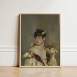 Framed Portrait Young Man Dark Curly Hair Horns Silence, a Lithe Demon, Stands Bathed, Curling Delicately