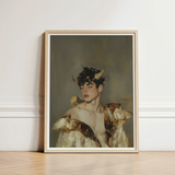 Framed Artwork Young Man Dark Curly Hair Golden Silence, a Lithe Demon, Stands Bathed, Horns Curling Delicately