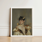 Framed Artwork Young Man Dark Curly Hair Golden Silence, a Lithe Demon, Stands Bathed, Horns Curling Delicately