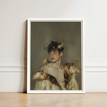 Framed Artwork Young Man Dark Curly Hair Golden Silence, a Lithe Demon, Stands Bathed, Horns Curling Delicately