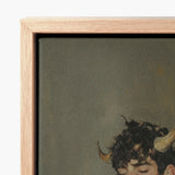 Framed Canvas Print Stylized Illustration Person Dark Curly Silence, a Lithe Demon, Stands Bathed, Horns Curling Delicately