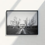 Black-framed Black-and-white Photographic Print Farmhouse Dirt Road Flanked Highsmith Art, Clapboard House, Abandoned Home