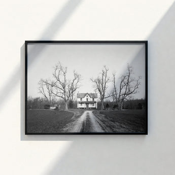 Black-framed Black-and-white Photographic Print Farmhouse Dirt Road Flanked Highsmith Art, Clapboard House, Abandoned Home