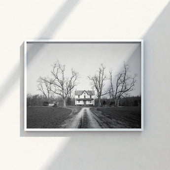 Black-and-white Framed Photograph Two-story House Bare Trees Dirt Highsmith Art Print, Clapboard, Abandoned Home