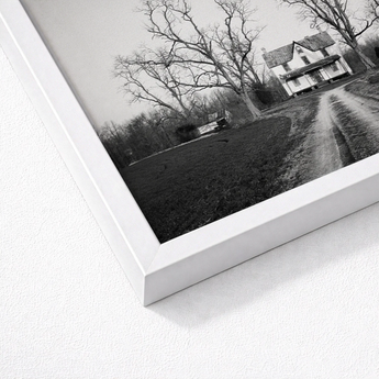 White Framed Black Photograph Farmhouse Bare Trees Highsmith Art Print, Clapboard House, Abandoned Home