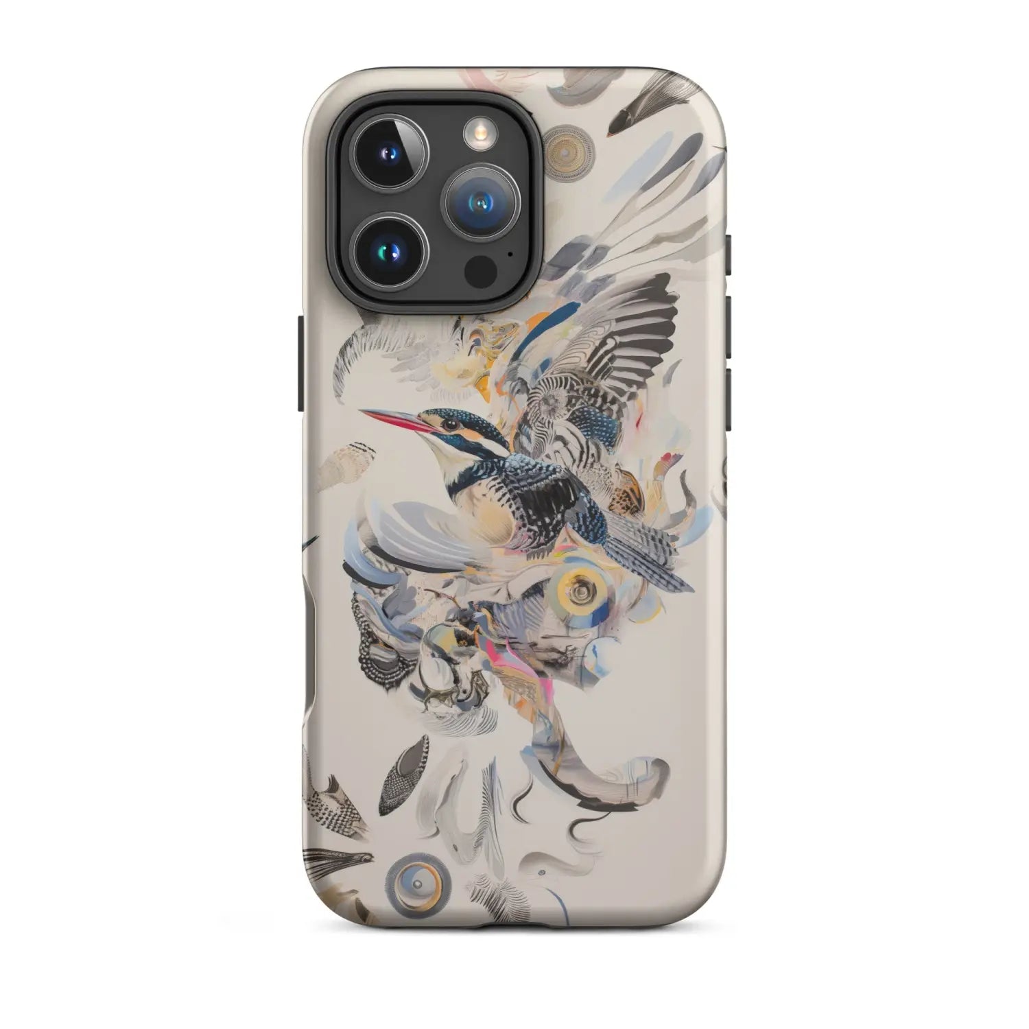 Bird art iPhone 12 Pro Max case with feather design on white background