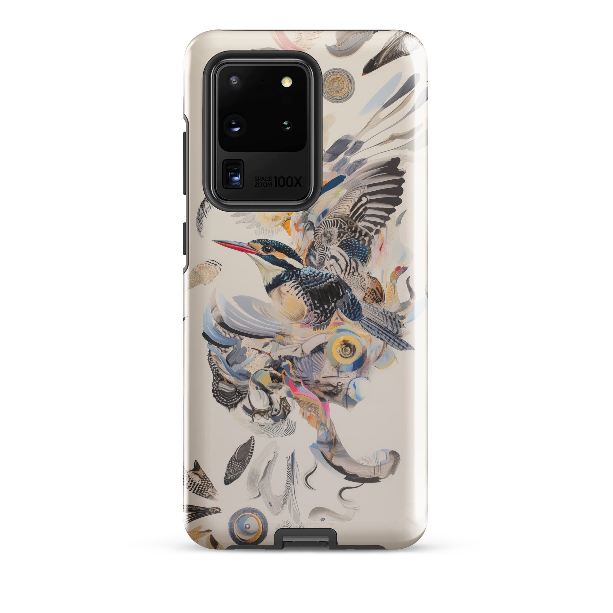 Above & Beyond Surreal Kingfisher Art Samsung Case, Galaxy S20 Ultra / Gloss, White Smartphone Case Colorful Bird Feather Design