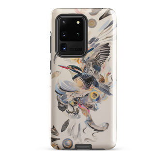 Above & Beyond - Surreal Kingfisher Art Samsung Case, Galaxy S20 Ultra / Gloss, White Smartphone Case Colorful Bird Feather Design
