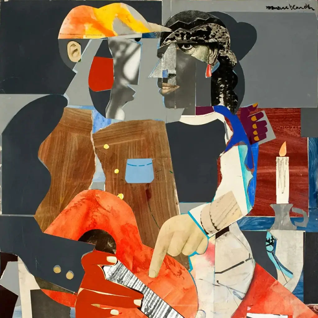 Abstract collage of two figures showcasing Romare Bearden’s influence on African American culture.