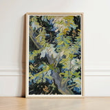 Framed Impressionist-style Painting Tree Textured Brushstrokes Greens Blues Vincent Van Goh Art Print, Acacia Branches Canvas Hums, Gogh